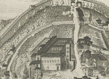 Chiesa e convento di Sant'Agostino di Siena (sec. XVI ex.) - dettaglio da Francesco Vanni, Sena Vetus Civitas Virginis